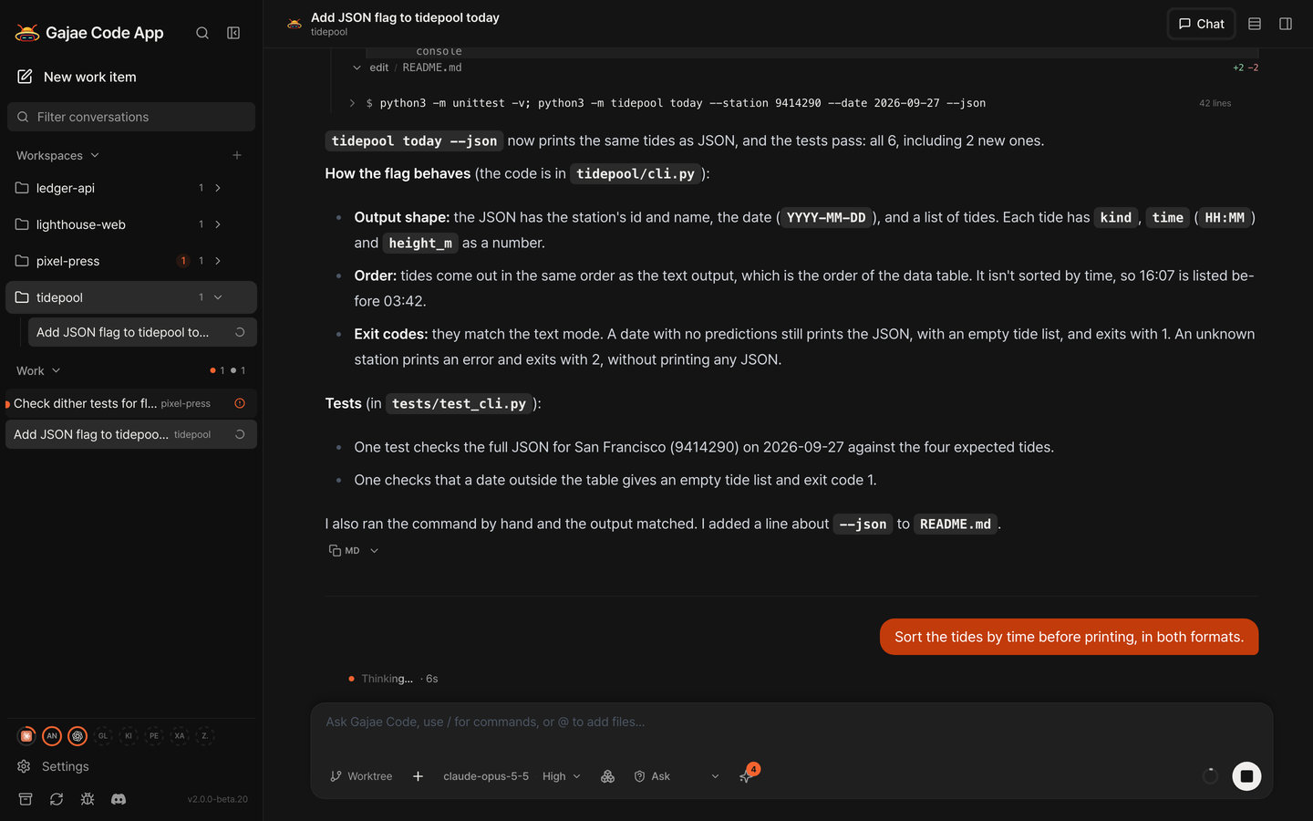 The sidebar: the tidepool session running, and the Work section with pixel-press waiting for input above it.