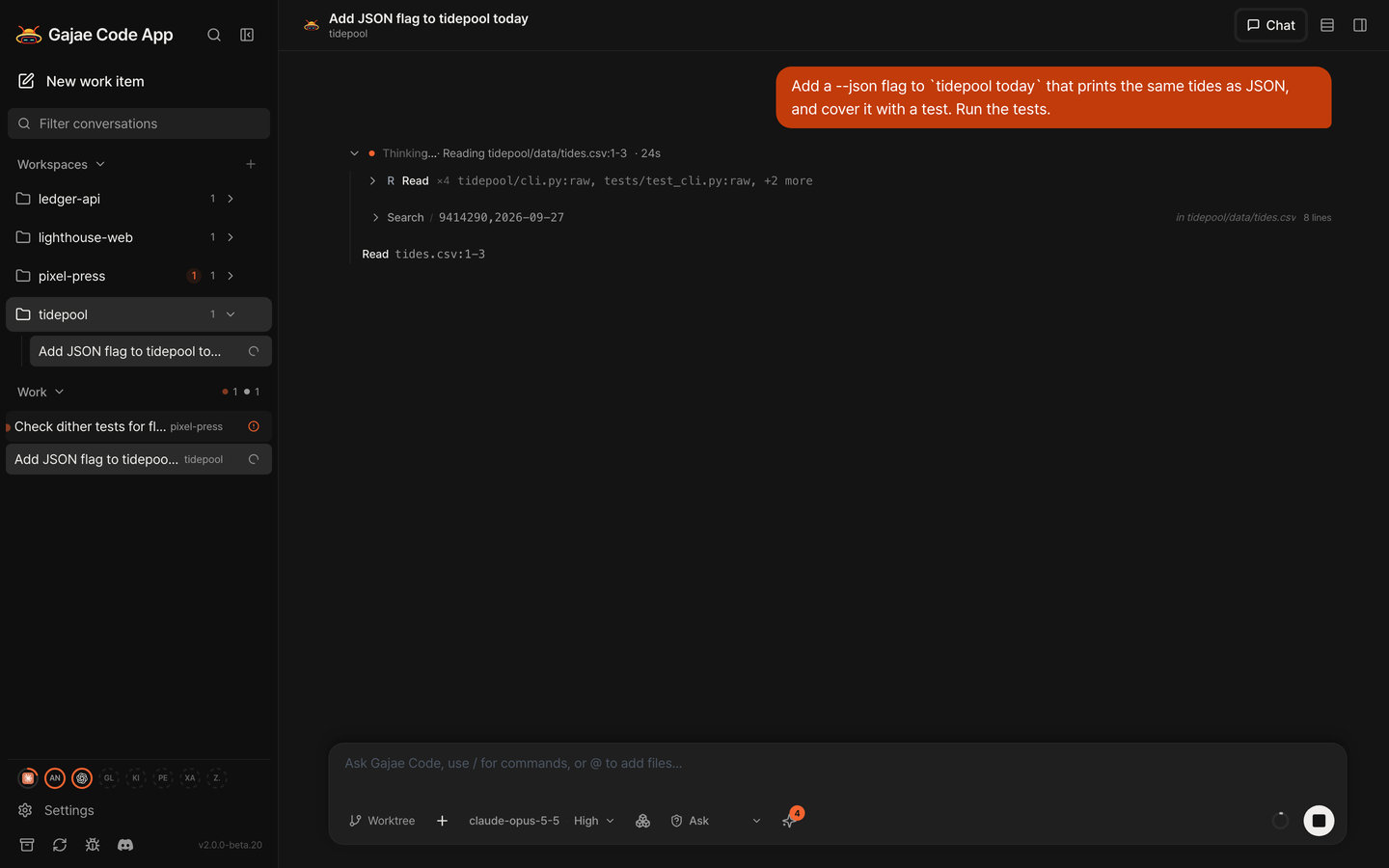 The live work block at 1:1: “Thinking… · Reading tidepool/data/tides.csv:1-3”, then Read ×4, a Search and a Read row.