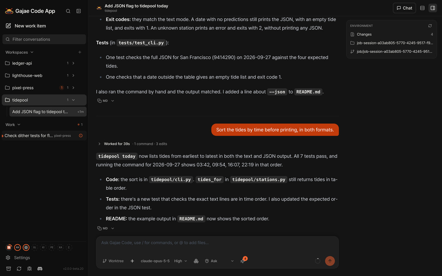 The agent sidebar’s Environment panel: Changes 4, the job-session worktree directory and its job branch.