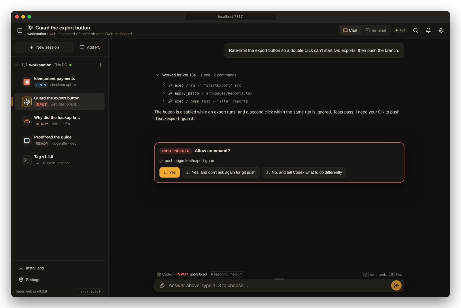 A Codex pane waiting for input: an "Allow command?" card for git push with its three options, answered from the chat.