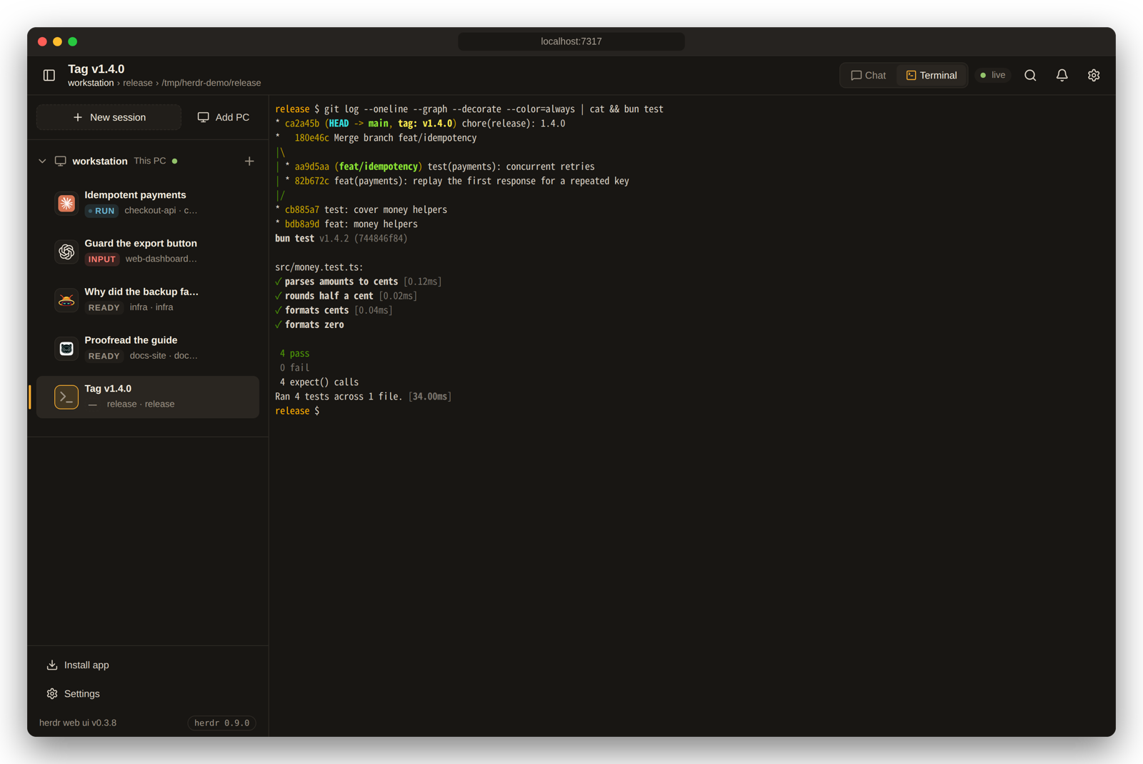 Terminal view of a shell pane: git history and a passing bun test run in the live herdr terminal.