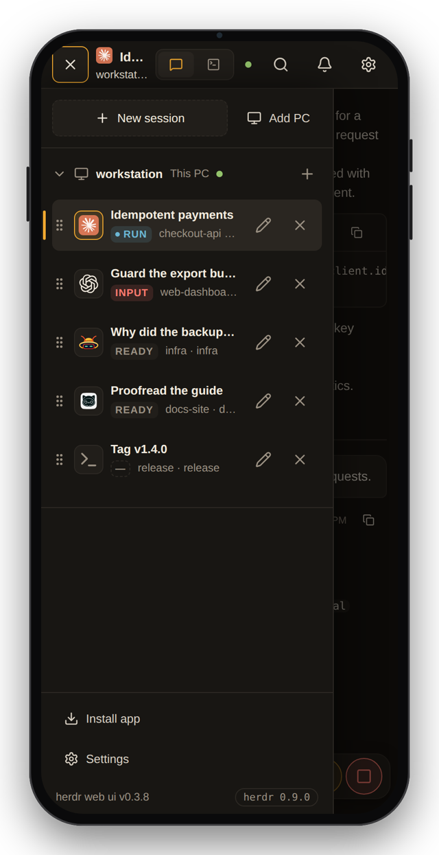 Phone session list with Claude Code, Codex, gjc, omo and shell panes and their live status.
